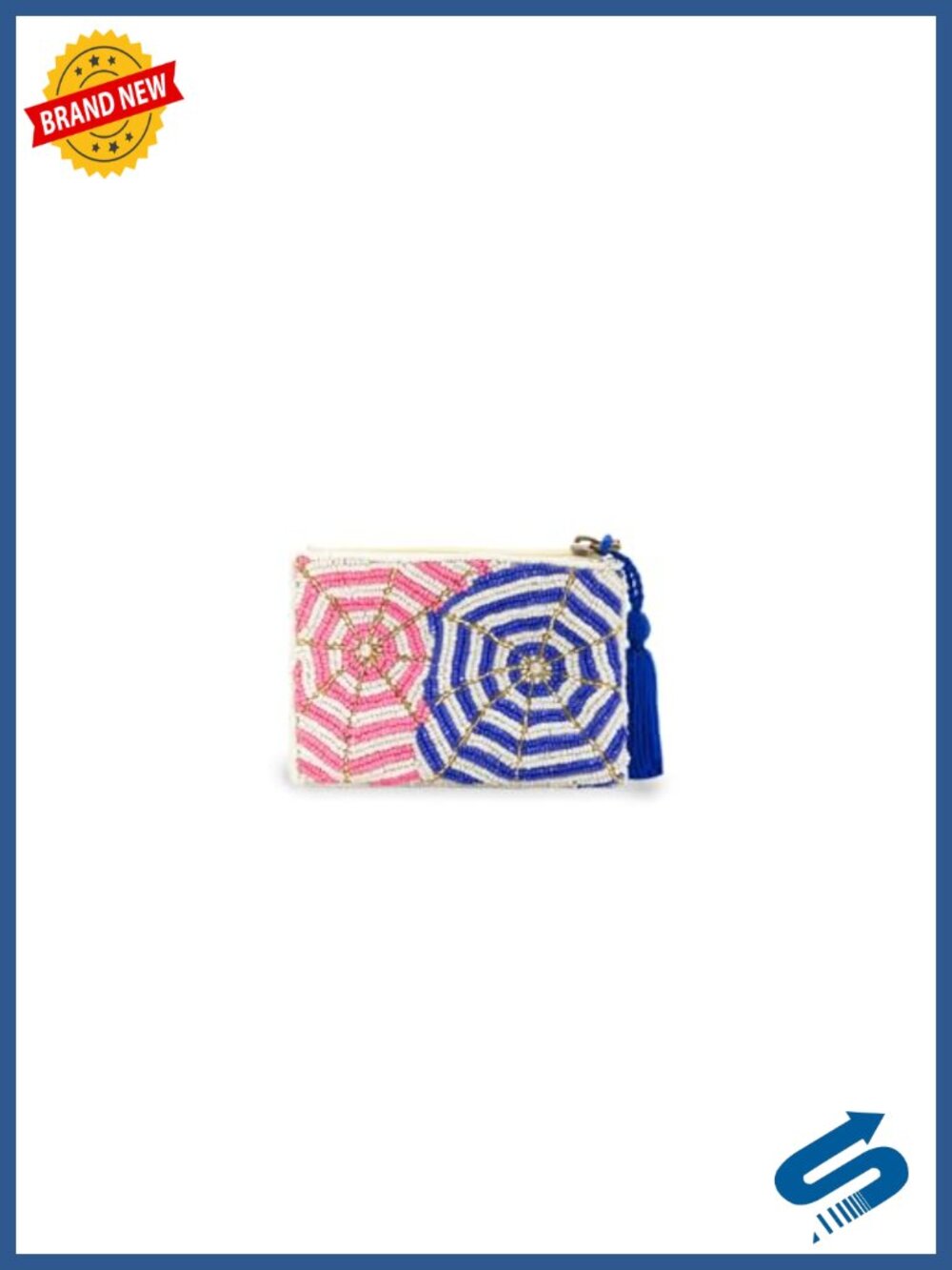 Beaded Coin Pouch with Umbrella Motif, Small Zip Purse 5x3.5 Inches